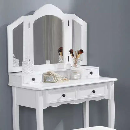 Coiffeuse Vintage en Bois avec Tabouret et Miroir 3 Panneaux, Coiffeuse Maquillage avec 4 Tiroirs et Étagère, Coiffeuse Compacte pour Chambre, Salon