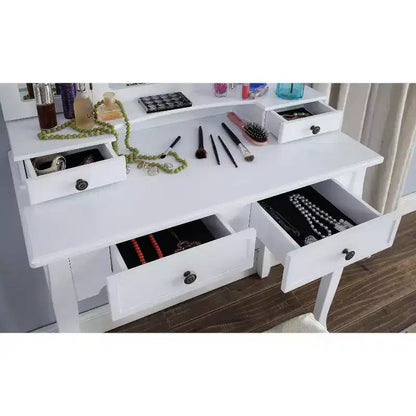 Coiffeuse Vintage en Bois avec Tabouret et Miroir 3 Panneaux, Coiffeuse Maquillage avec 4 Tiroirs et Étagère, Coiffeuse Compacte pour Chambre, Salon