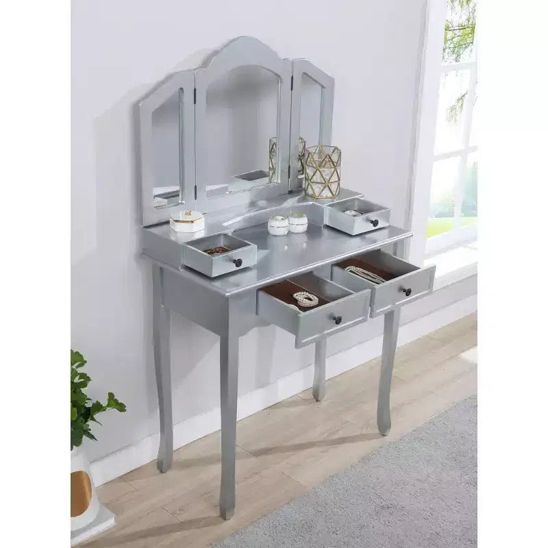 Coiffeuse Vintage en Bois avec Tabouret et Miroir 3 Panneaux, Coiffeuse Maquillage avec 4 Tiroirs et Étagère, Coiffeuse Compacte pour Chambre, Salon