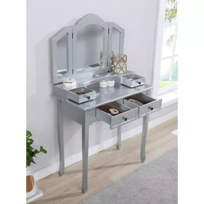 Coiffeuse Vintage en Bois avec Tabouret et Miroir 3 Panneaux, Coiffeuse Maquillage avec 4 Tiroirs et Étagère, Coiffeuse Compacte pour Chambre, Salon