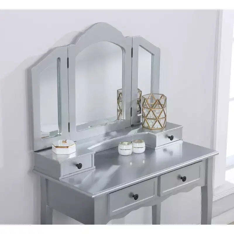 Coiffeuse Vintage en Bois avec Tabouret et Miroir 3 Panneaux, Coiffeuse Maquillage avec 4 Tiroirs et Étagère, Coiffeuse Compacte pour Chambre, Salon