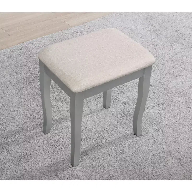 Coiffeuse Vintage en Bois avec Tabouret et Miroir 3 Panneaux, Coiffeuse Maquillage avec 4 Tiroirs et Étagère, Coiffeuse Compacte pour Chambre, Salon