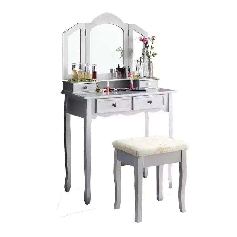 Coiffeuse Vintage en Bois avec Tabouret et Miroir 3 Panneaux, Coiffeuse Maquillage avec 4 Tiroirs et Étagère, Coiffeuse Compacte pour Chambre, Salon