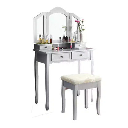 Coiffeuse Vintage en Bois avec Tabouret et Miroir 3 Panneaux, Coiffeuse Maquillage avec 4 Tiroirs et Étagère, Coiffeuse Compacte pour Chambre, Salon