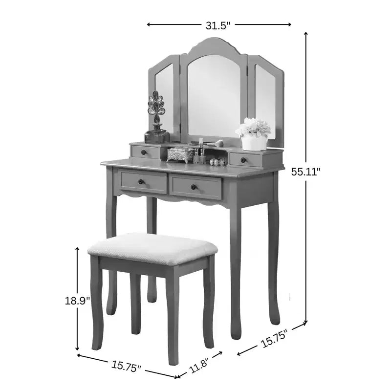 Coiffeuse Vintage en Bois avec Tabouret et Miroir 3 Panneaux, Coiffeuse Maquillage avec 4 Tiroirs et Étagère, Coiffeuse Compacte pour Chambre, Salon