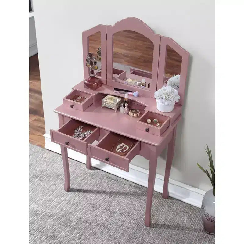 Coiffeuse Vintage en Bois avec Tabouret et Miroir 3 Panneaux, Coiffeuse Maquillage avec 4 Tiroirs et Étagère, Coiffeuse Compacte pour Chambre, Salon