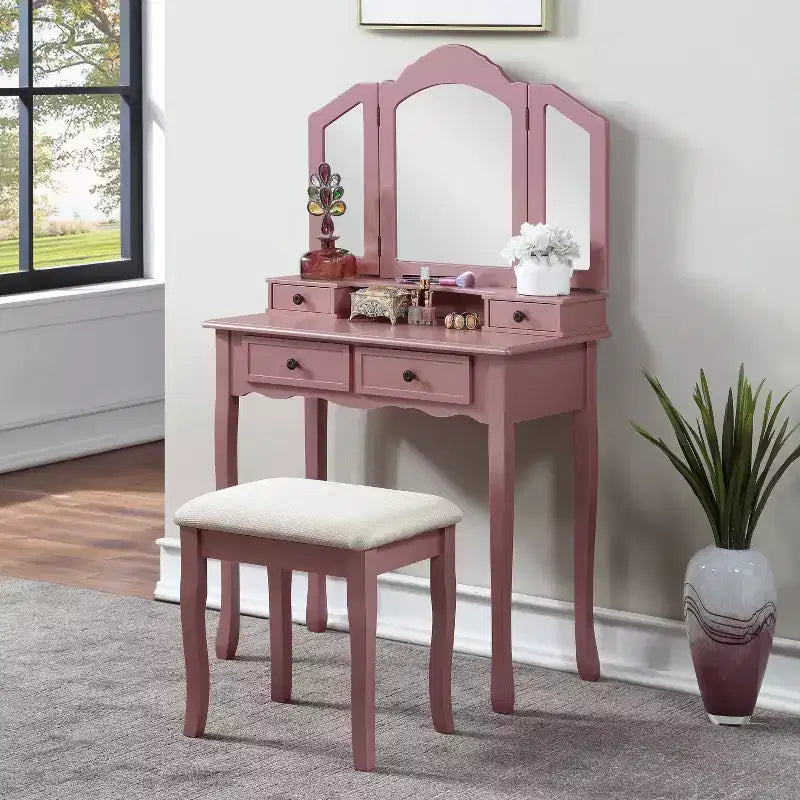 Coiffeuse Vintage en Bois avec Tabouret et Miroir 3 Panneaux, Coiffeuse Maquillage avec 4 Tiroirs et Étagère, Coiffeuse Compacte pour Chambre, Salon