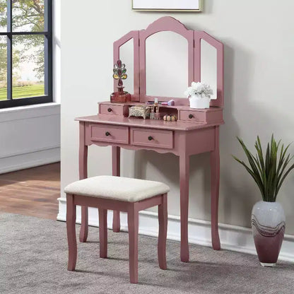 Coiffeuse Vintage en Bois avec Tabouret et Miroir 3 Panneaux, Coiffeuse Maquillage avec 4 Tiroirs et Étagère, Coiffeuse Compacte pour Chambre, Salon