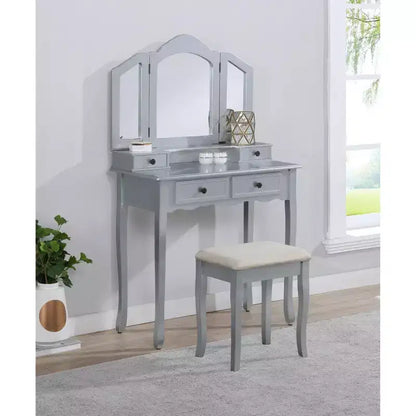 Coiffeuse Vintage en Bois avec Tabouret et Miroir 3 Panneaux, Coiffeuse Maquillage avec 4 Tiroirs et Étagère, Coiffeuse Compacte pour Chambre, Salon