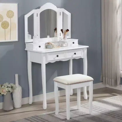 Coiffeuse Vintage en Bois avec Tabouret et Miroir 3 Panneaux, Coiffeuse Maquillage avec 4 Tiroirs et Étagère, Coiffeuse Compacte pour Chambre, Salon