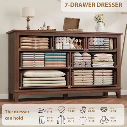 Commode 7 tiroirs, chiffonnier 54 pouces avec rangement, organisateur de placard en bois pour chambre à coucher, salon, entrée