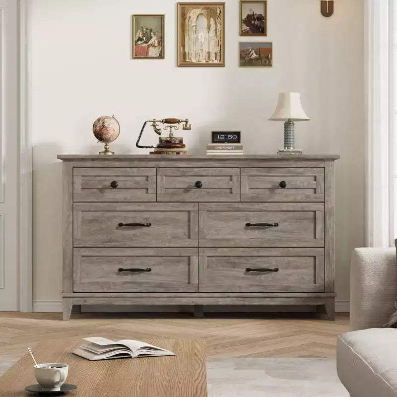 Commode 7 tiroirs, chiffonnier 54 pouces avec rangement, organisateur de placard en bois pour chambre à coucher, salon, entrée