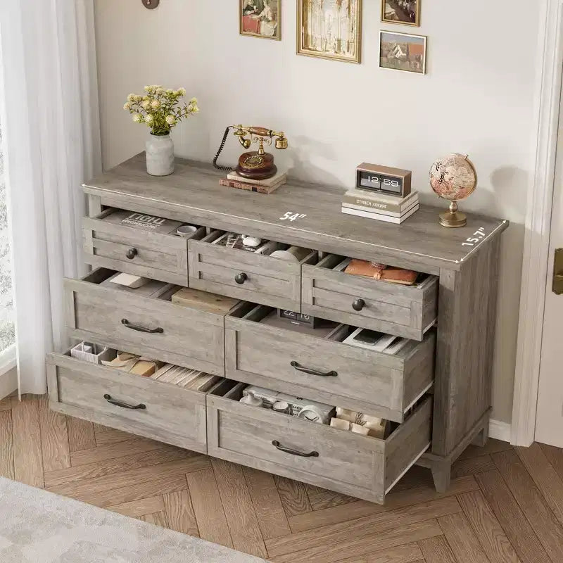 Commode 7 tiroirs, chiffonnier 54 pouces avec rangement, organisateur de placard en bois pour chambre à coucher, salon, entrée
