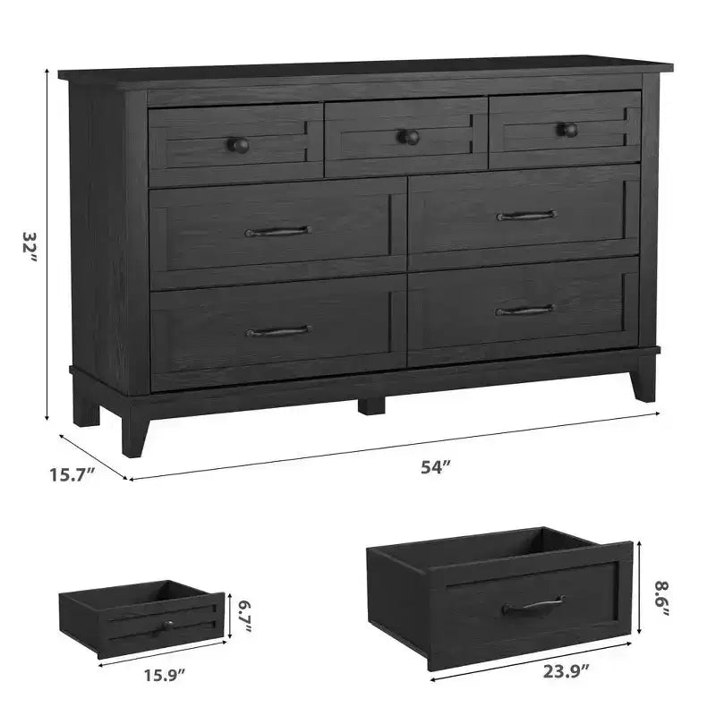 Commode 7 tiroirs, chiffonnier 54 pouces avec rangement, organisateur de placard en bois pour chambre à coucher, salon, entrée