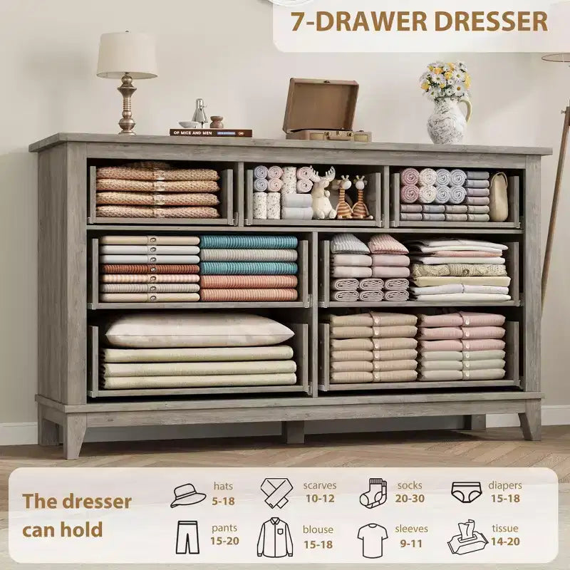 Commode 7 tiroirs, chiffonnier 54 pouces avec rangement, organisateur de placard en bois pour chambre à coucher, salon, entrée