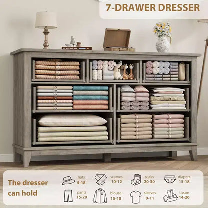 Commode 7 tiroirs, chiffonnier 54 pouces avec rangement, organisateur de placard en bois pour chambre à coucher, salon, entrée