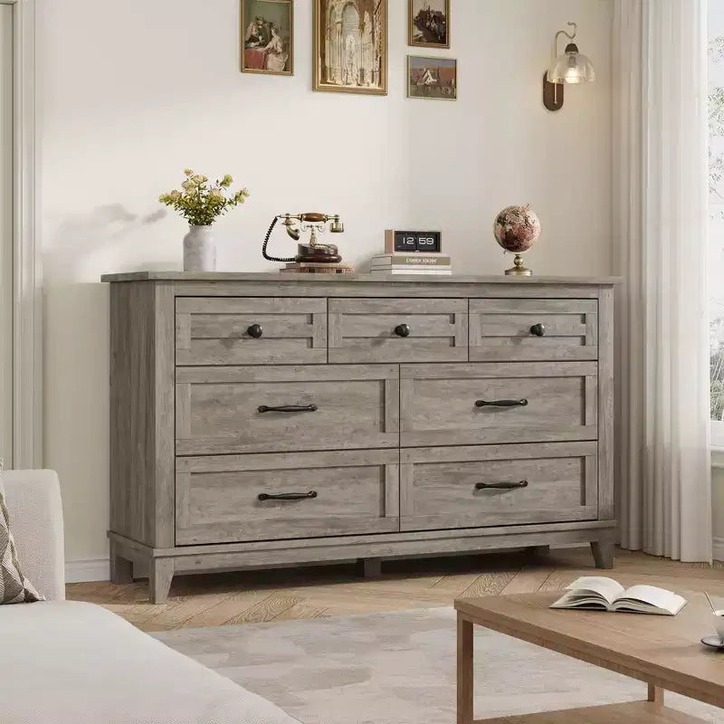 Commode 7 tiroirs, chiffonnier 54 pouces avec rangement, organisateur de placard en bois pour chambre à coucher, salon, entrée