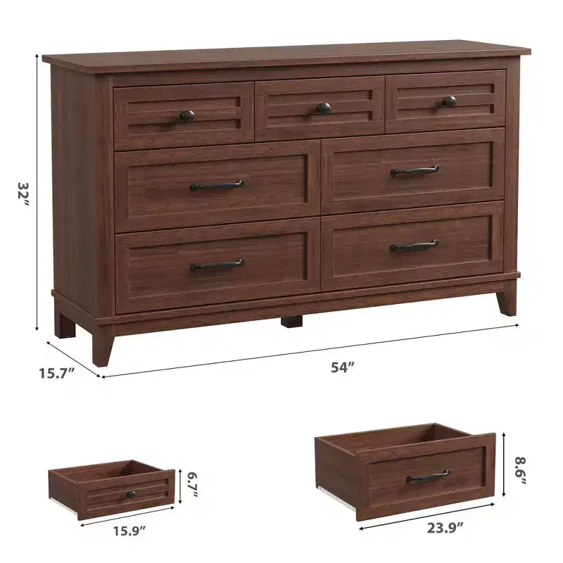 Commode 7 tiroirs, chiffonnier 54 pouces avec rangement, organisateur de placard en bois pour chambre à coucher, salon, entrée