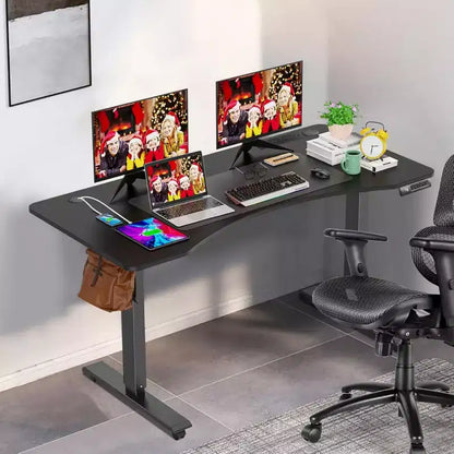 Bureau d'ordinateur debout à hauteur réglable 63 x 24 avec plateau ergonomique incurvé, prise électrique, roulettes verrouillables, plage de levage 27''-46''