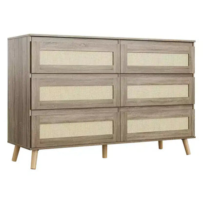 Bedroom Six-Drawer Chest, Modern Wide-Body Drawer Cabinet, Wooden Wardrobe Chest with Rattan-Woven Drawers, Suitable for 55-inch TV, Living Room