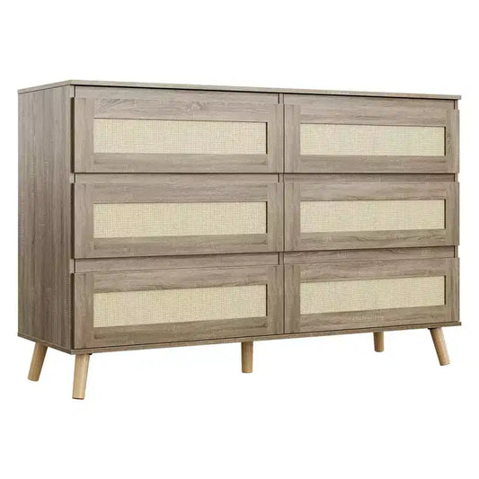 Bedroom Six-Drawer Chest, Modern Wide-Body Drawer Cabinet, Wooden Wardrobe Chest with Rattan-Woven Drawers, Suitable for 55-inch TV, Living Room