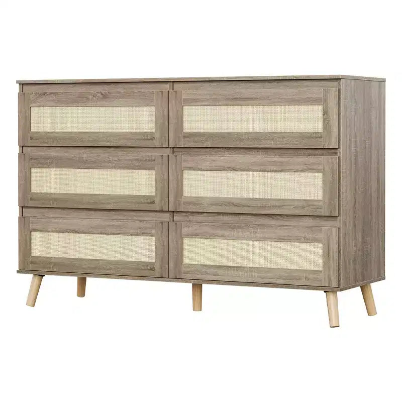 Commode de chambre à six tiroirs, commode large moderne, commode en bois avec tiroirs en rotin tressé, convient pour une télévision de 55 pouces, salon
