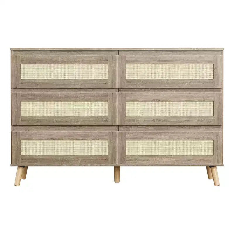 Commode de chambre à six tiroirs, commode large moderne, commode en bois avec tiroirs en rotin tressé, convient pour une télévision de 55 pouces, salon