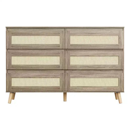 Commode de chambre à six tiroirs, commode large moderne, commode en bois avec tiroirs en rotin tressé, convient pour une télévision de 55 pouces, salon