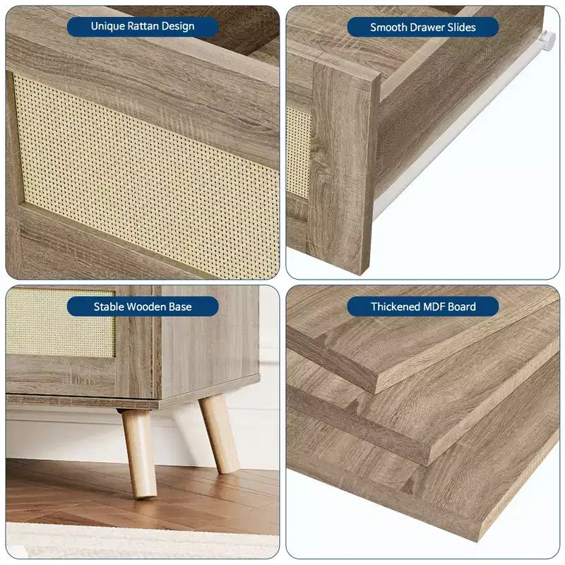 Commode de chambre à six tiroirs, commode large moderne, commode en bois avec tiroirs en rotin tressé, convient pour une télévision de 55 pouces, salon