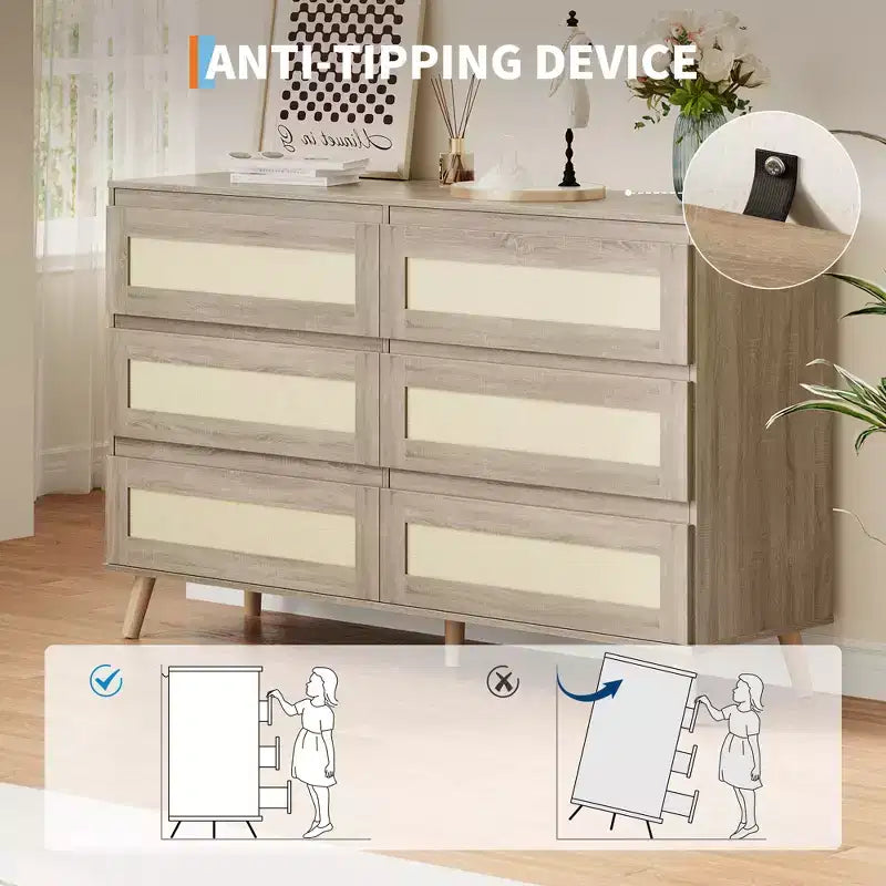 Commode de chambre à six tiroirs, commode large moderne, commode en bois avec tiroirs en rotin tressé, convient pour une télévision de 55 pouces, salon