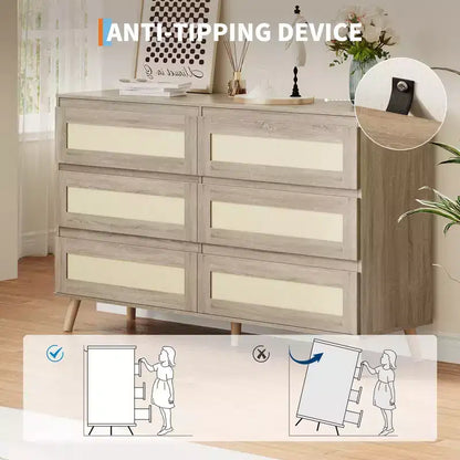Commode de chambre à six tiroirs, commode large moderne, commode en bois avec tiroirs en rotin tressé, convient pour une télévision de 55 pouces, salon