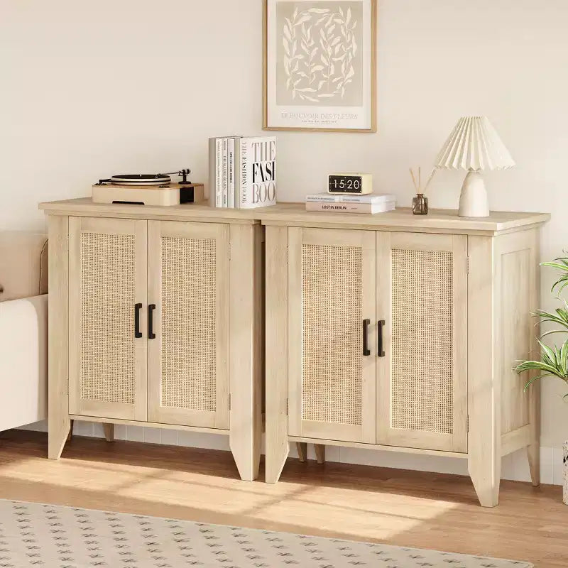 White rattan storage cabinet with doors and shelves, sideboard, suitable for entryways, dining rooms, and living rooms.