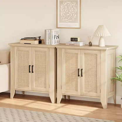 White rattan storage cabinet with doors and shelves, sideboard, suitable for entryways, dining rooms, and living rooms.