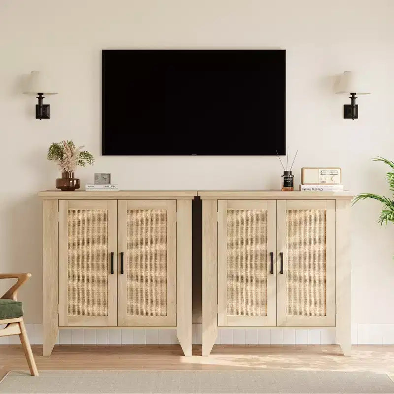 Meuble de rangement en rotin avec portes et étagères, buffet, convient pour les entrées, les salles à manger et les salons.