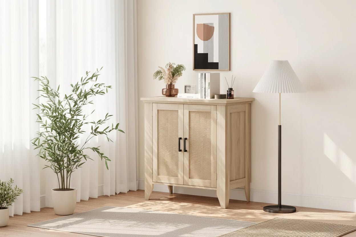 Meuble de rangement en rotin avec portes et étagères, buffet, convient pour les entrées, les salles à manger et les salons.