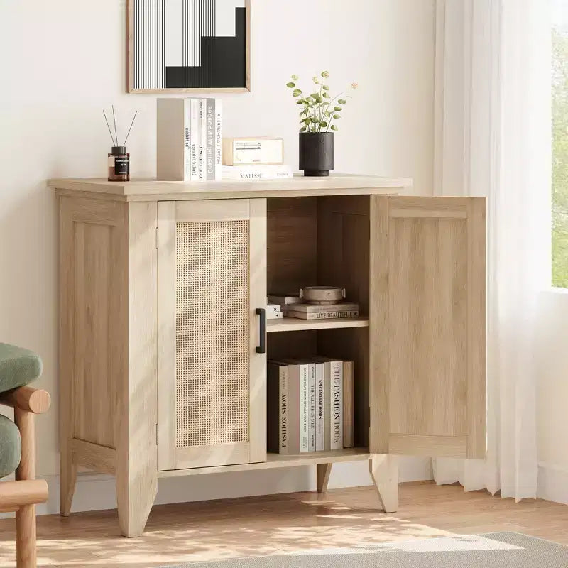 Meuble de rangement en rotin avec portes et étagères, buffet, convient pour les entrées, les salles à manger et les salons.