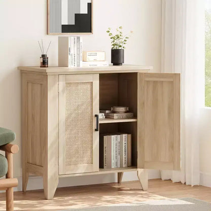 Meuble de rangement en rotin avec portes et étagères, buffet, convient pour les entrées, les salles à manger et les salons.