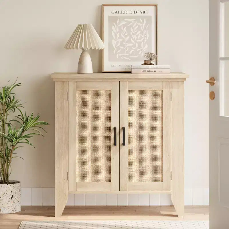 Meuble de rangement en rotin avec portes et étagères, buffet, convient pour les entrées, les salles à manger et les salons.
