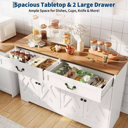 Buffet de ferme de 57 pouces avec rangement, 4 portes et 2 tiroirs, armoire à café avec étagères réglables, meuble de rangement multifonctionnel pour salle à manger