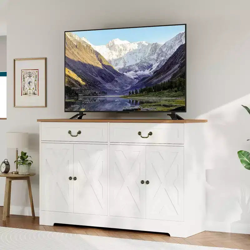 Buffet de ferme de 57 pouces avec rangement, 4 portes et 2 tiroirs, armoire à café avec étagères réglables, meuble de rangement multifonctionnel pour salle à manger