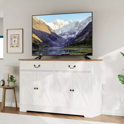 Buffet de ferme de 57 pouces avec rangement, 4 portes et 2 tiroirs, armoire à café avec étagères réglables, meuble de rangement multifonctionnel pour salle à manger