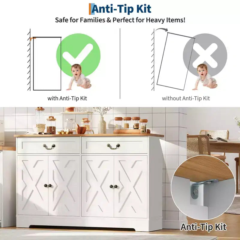 Buffet de ferme de 57 pouces avec rangement, 4 portes et 2 tiroirs, armoire à café avec étagères réglables, meuble de rangement multifonctionnel pour salle à manger