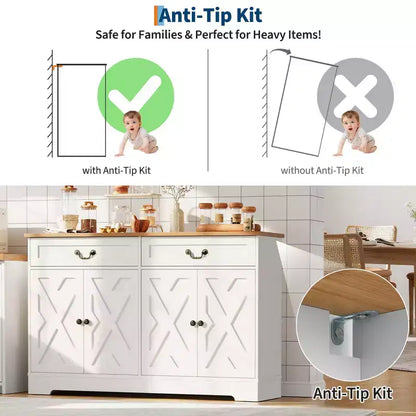 Buffet de ferme de 57 pouces avec rangement, 4 portes et 2 tiroirs, armoire à café avec étagères réglables, meuble de rangement multifonctionnel pour salle à manger