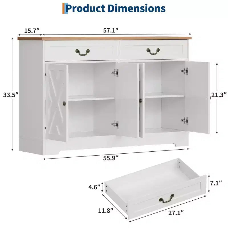 Buffet de ferme de 57 pouces avec rangement, 4 portes et 2 tiroirs, armoire à café avec étagères réglables, meuble de rangement multifonctionnel pour salle à manger