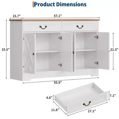Buffet de ferme de 57 pouces avec rangement, 4 portes et 2 tiroirs, armoire à café avec étagères réglables, meuble de rangement multifonctionnel pour salle à manger