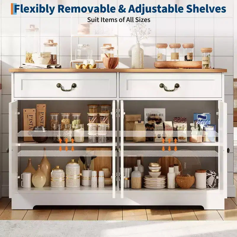 Buffet de ferme de 57 pouces avec rangement, 4 portes et 2 tiroirs, armoire à café avec étagères réglables, meuble de rangement multifonctionnel pour salle à manger