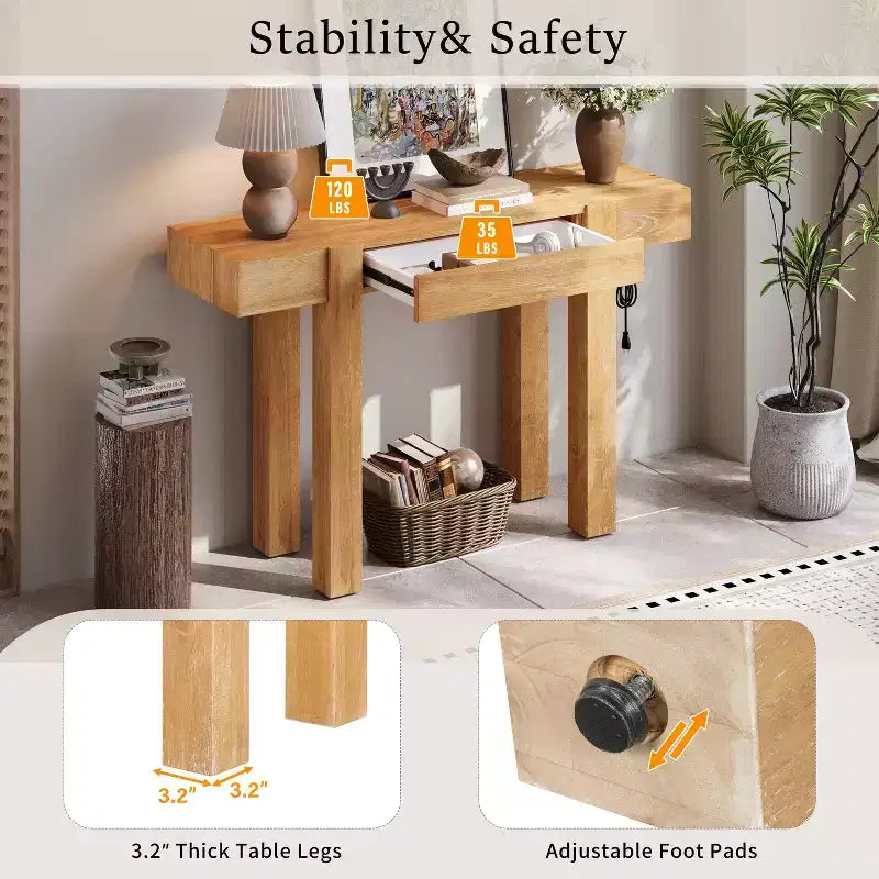 Console en bois massif avec rangement dissimulé et station de charge intégrée