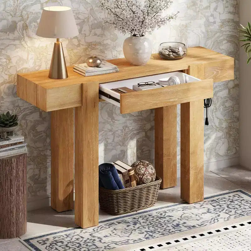 Console en bois massif avec rangement dissimulé et station de charge intégrée
