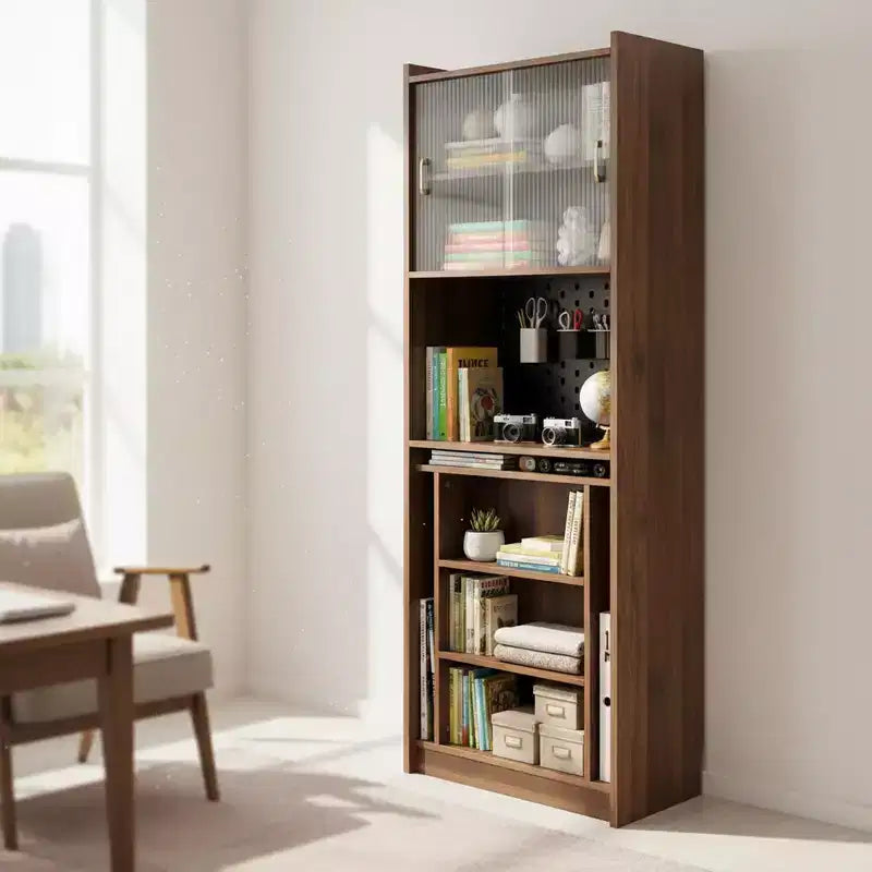 Bureau pliant avec meuble de rangement et étagères ouvertes pour bureau à domicile, Noyer