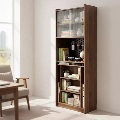 Bureau pliant avec meuble de rangement et étagères ouvertes pour bureau à domicile, Noyer